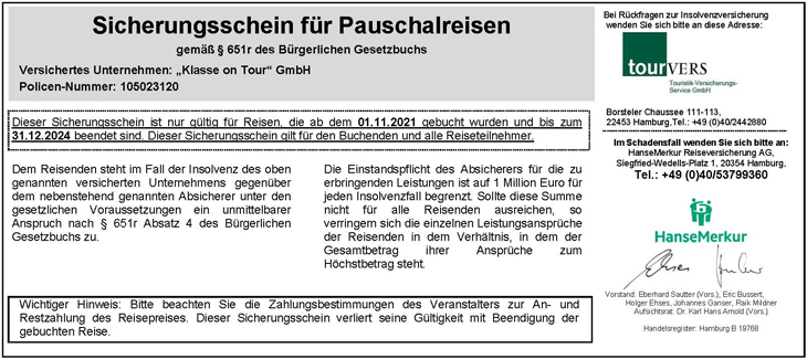 Sicherungsschein für Pauschalreisen 2024